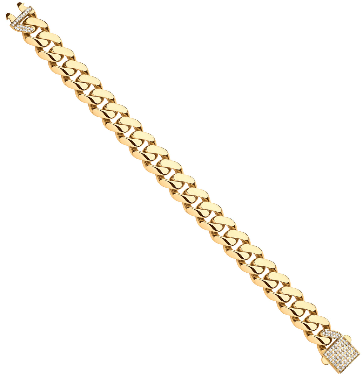 Yellow Gold CZ Curb 13MM Link Gents Hollow Bracelet